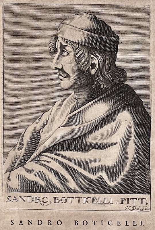 長い髪と帽子の男性を胸像で表し、下部にSANDRO BOTTICELLIと記した1682年の肖像版画。同時代の自画像ではない。