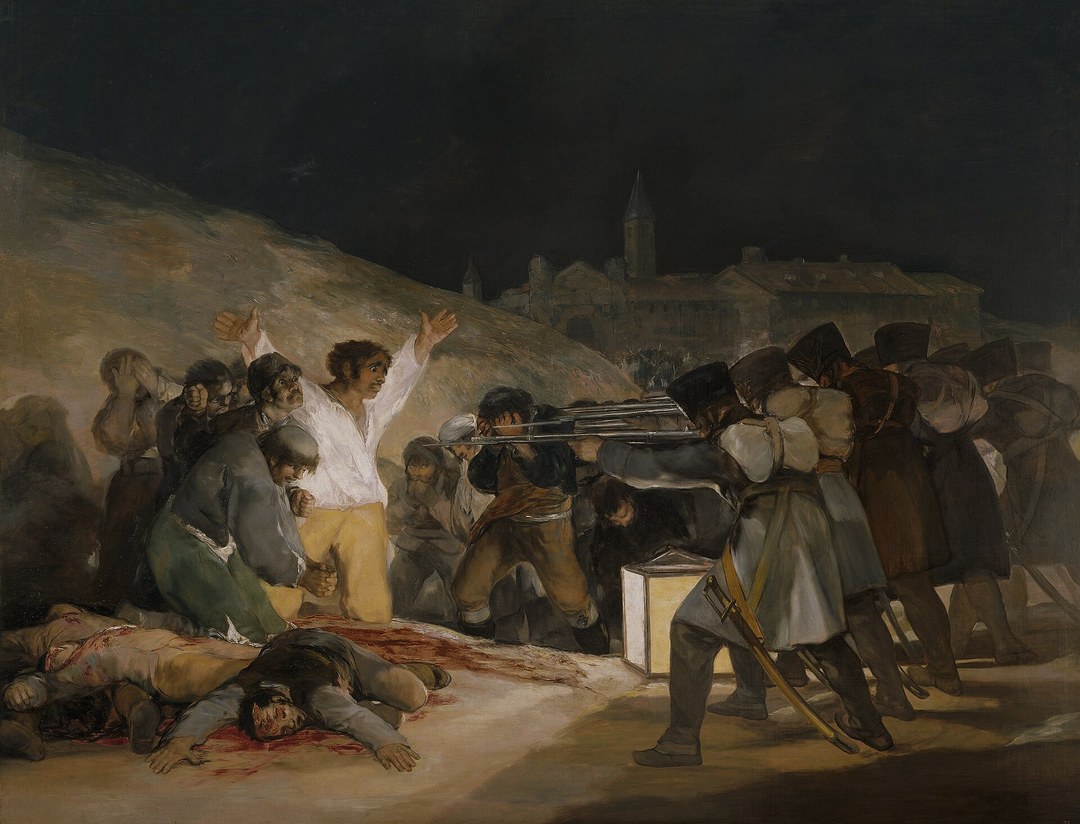 1808年5月3日。右の兵士たちが銃を構え、左の白いシャツの男性が両腕を上げ、中央の灯火が両者を照らす。
