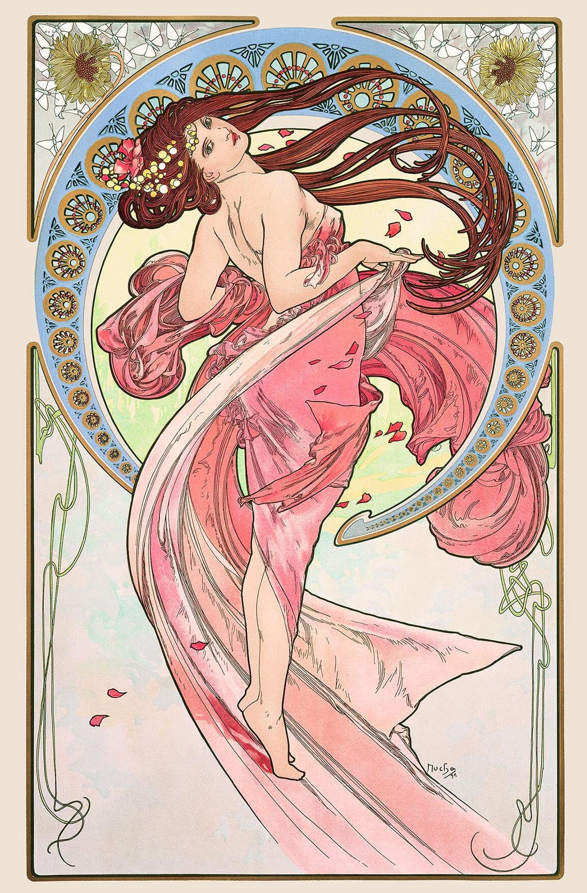 風になびく衣をまとった女性が弧を描くように身を反らし、花の輪に囲まれる。