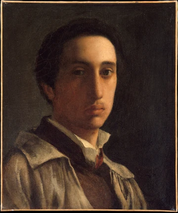 短い黒髪の若いエドガー・ドガが、暗い上着姿で正面からこちらを見る1855〜1856年頃の自画像。