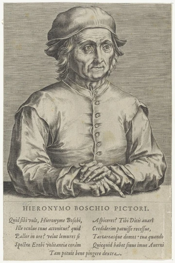 帽子をかぶったヒエロニムス・ボスを横向きの胸像で表した1610年の肖像版画。画家の死後に制作された。