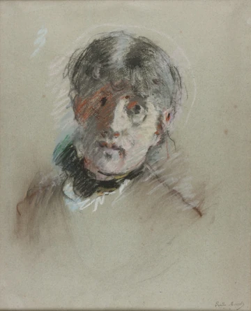 灰色の紙に、髪を上げたベルト・モリゾの顔と肩を描いたパステルの自画像。