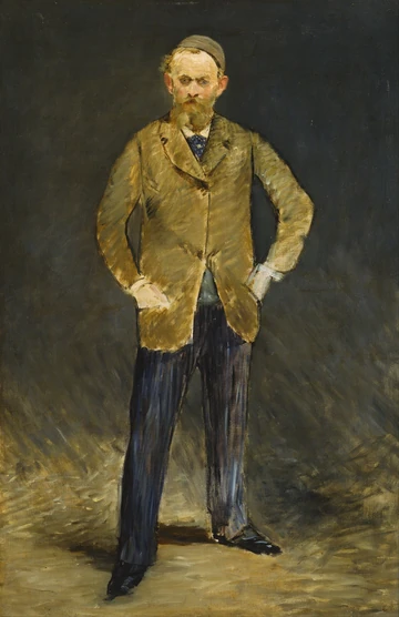 黒い帽子と上着のエドゥアール・マネが、パレットと筆を手に正面近くを向く1878〜1879年頃の自画像。
