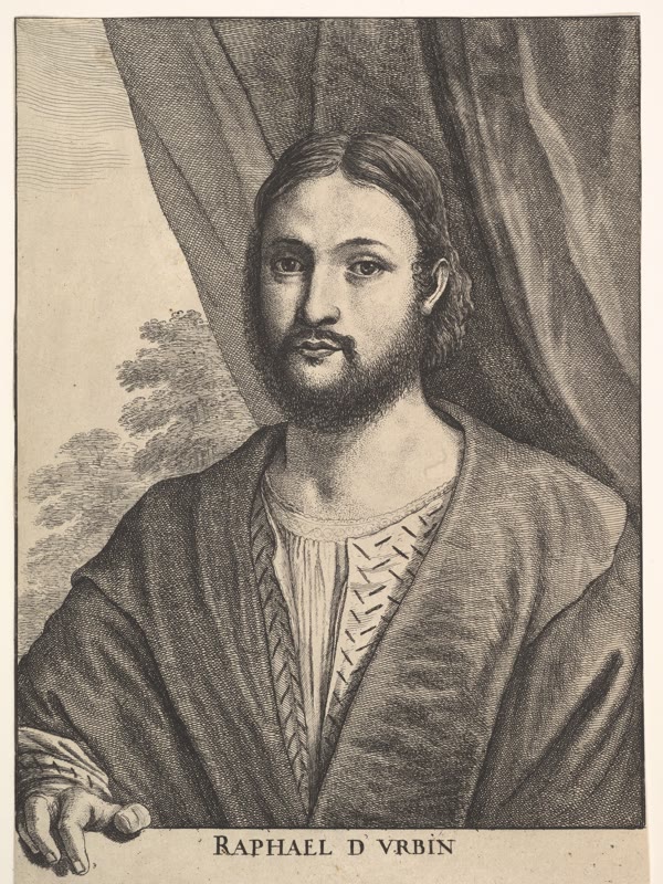 正面近くを向く長い髪と短い髭の男性を表した版画。ラファエロ本人の自画像原画ではなく、その図像に基づきヴェンセスラウス・ホラーが1651年に制作した。
